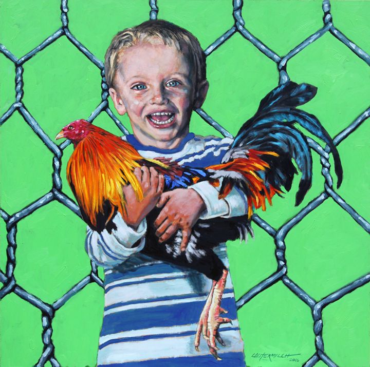 Boy With Rooster - Paintings by John Lautermilch