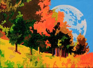 Moon Rising Over Autumn Trees - Paintings by John Lautermilch