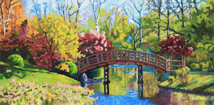Drum Bridge in Autumn - Paintings by John Lautermilch