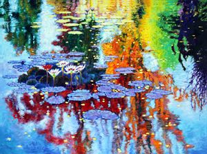 Golden Leaves on Fall Pond - Paintings by John Lautermilch