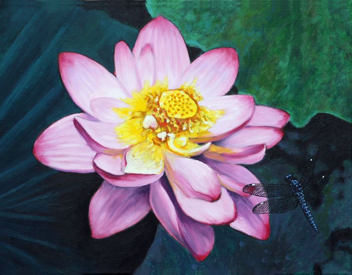 Lotus With Dragonfly - Paintings by John Lautermilch