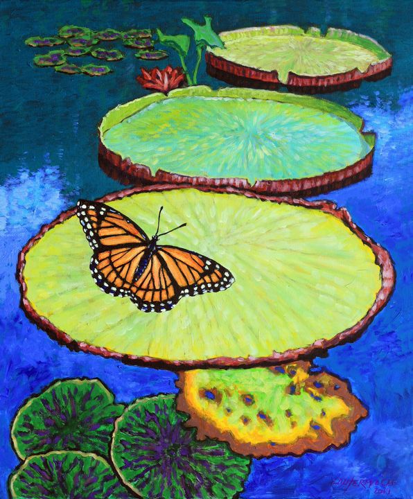 Lily Pads and Butterfly - Paintings by John Lautermilch