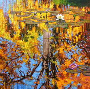 Golden Reflections on Lily Pond - Paintings by John Lautermilch