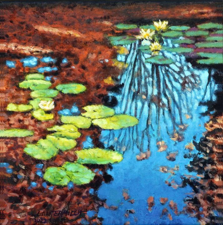 Oak Leaves on Pond - Paintings by John Lautermilch