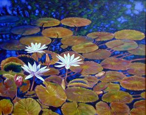Three White Lilies on the Pond - Paintings by John Lautermilch