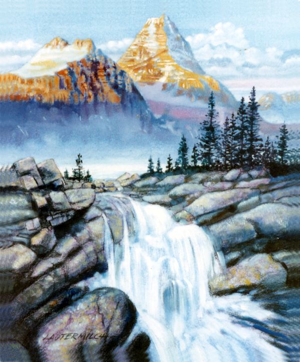 Mountain Waterfall - Paintings by John Lautermilch