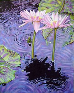 Two Pink Lilies in the Rain - Paintings by John Lautermilch