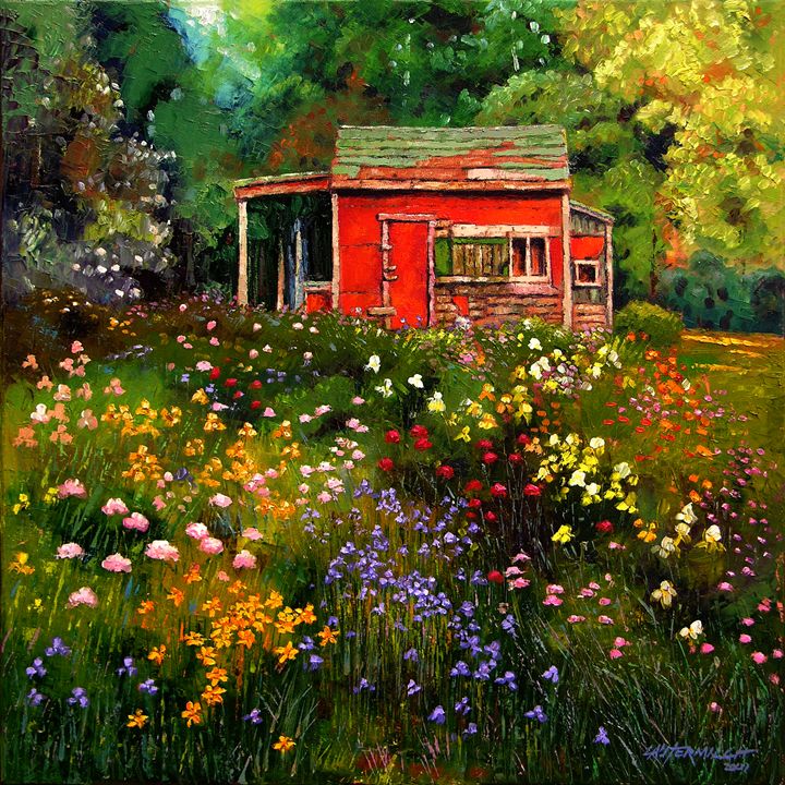 Little Red Flower Shed - Paintings by John Lautermilch