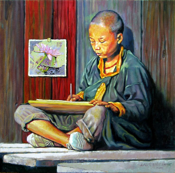 Boy Painting Lilies 24-2008 - Paintings by John Lautermilch