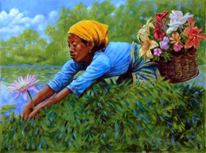 Woman Picking Flowers 6-2003 - Paintings by John Lautermilch