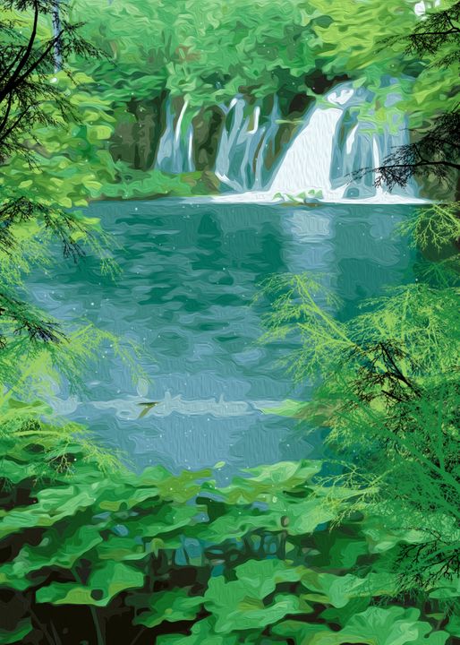 A beautiful waterfall with a beautiful lake, a lot of vegetation around,  jungle, studio ghibli style, light reflections, anime on Craiyon