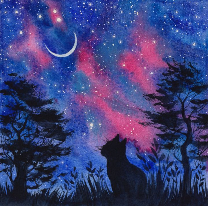 Black Cat Moon Roof Romance Mystic Night Landscape Animals Original Watercolor Painting Art Nature Wall good Decor Picture Scenery Purple Sky