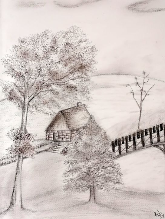 FARM HOUSE, art, autumn, pencil drawing, digital art, trees, sky, clouds,  farm, HD wallpaper | Peakpx