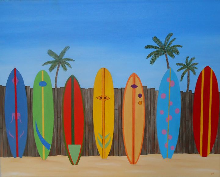 Colorful Surfboard Poster Tropical Rainforest Coastal Surf Art