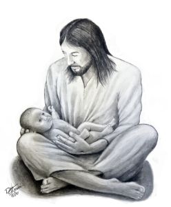 Jesus holding a newborn baby