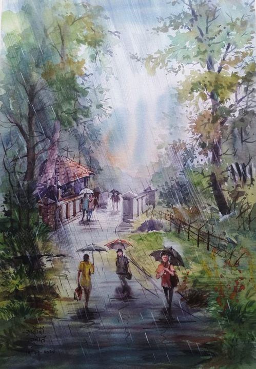 A Rainy Day Satish Khot Drawings Ilration Landscapes Nature Villages Towns Artpal - Paint Colour Rainy Day