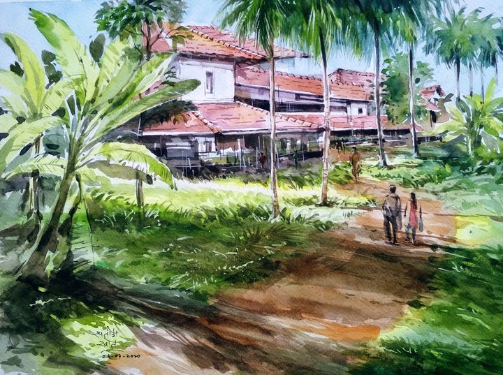 A Konkani House - Satish Khot - Drawings & Illustration, Landscapes ...