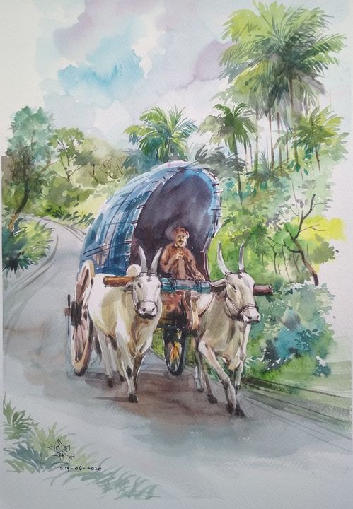 A man driving a bullock cart laden with sacks. Watercolour by an Indian  artist. | Wellcome Collection