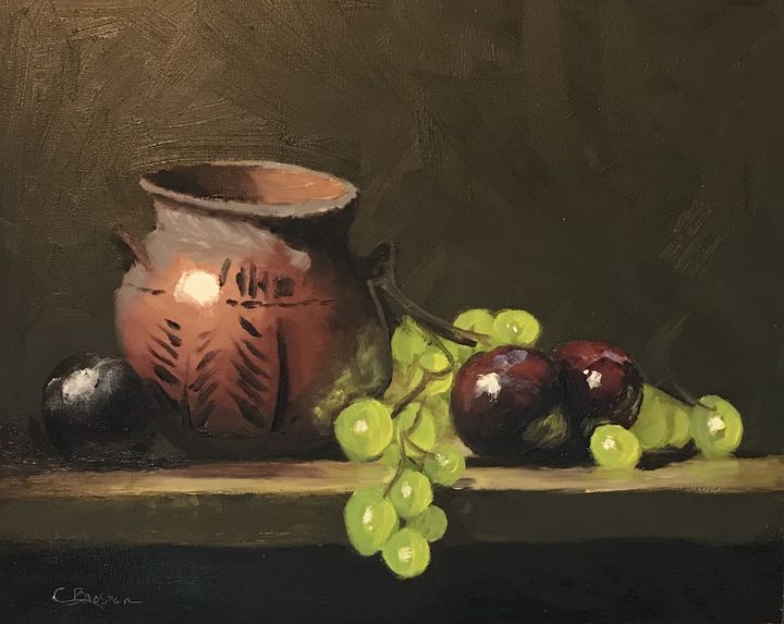 Indian Pot, Plums, and Grapes - Constance - Paintings & Prints, Still ...