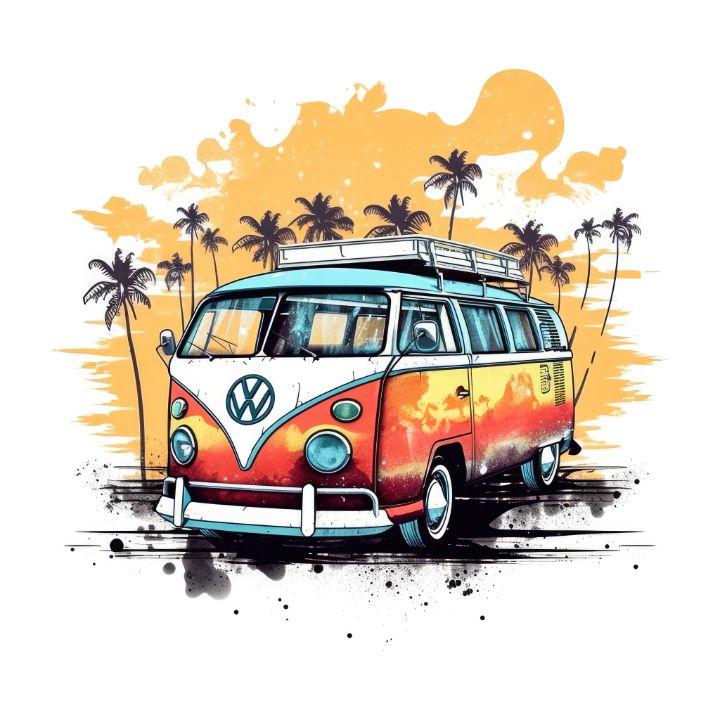 Kombi Van and Palm Trees at summer - CreativeX7 - Paintings & Prints ...