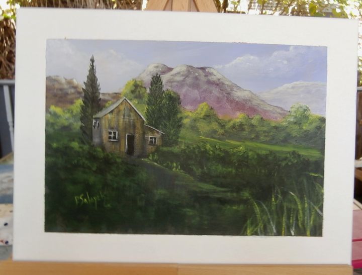 Original Oil Painting on Canvas Cabin in outlet the woods with Mountains