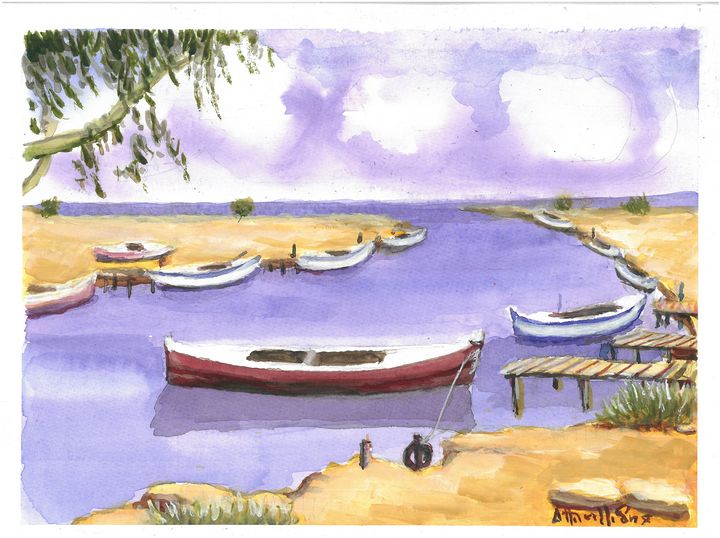 W1048 - Fishing Boat Harbor - Cyprus - Art in Cyprus by Doloros Pitsillides