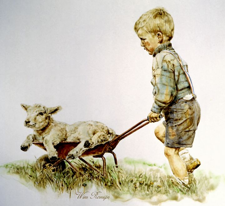 Farm boy with sheep lamb - Wim Romijn Art