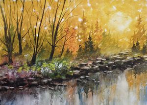 Golden River View, Watercolor Painti