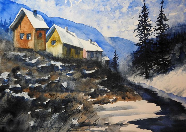 Winter Creek Cabins Watercolor David K Myers Watercolor Photo