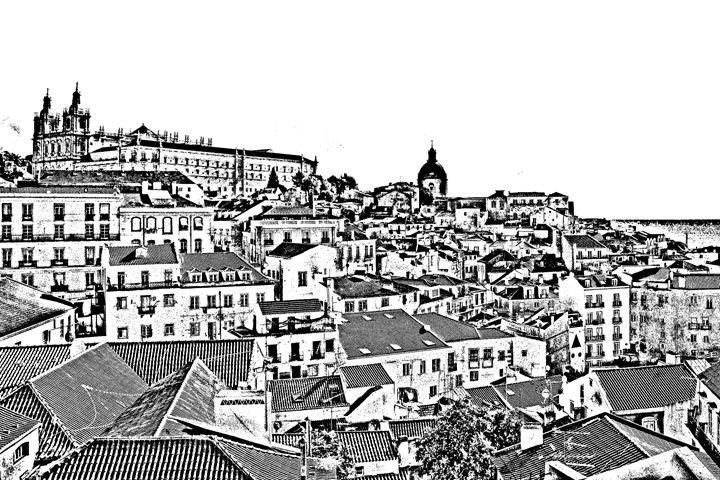 Lisbon Portugal city skyline sketch - KCBlack&White