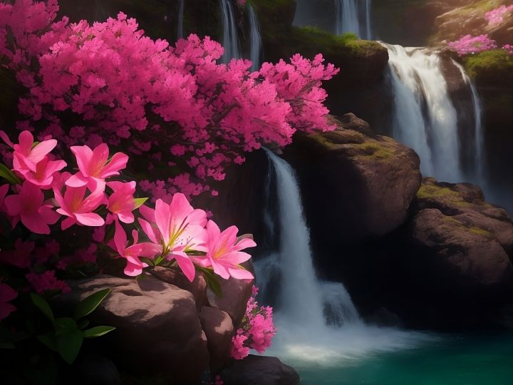 Azalea Flowers Near a Waterfall - Monad Nomad - Digital Art & AI ...