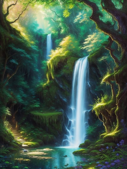 Waterfall Hidden Amidst A Thicket - Monad Nomad - Digital Art & AI