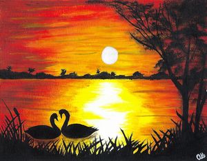 Sunset with Swans in Love