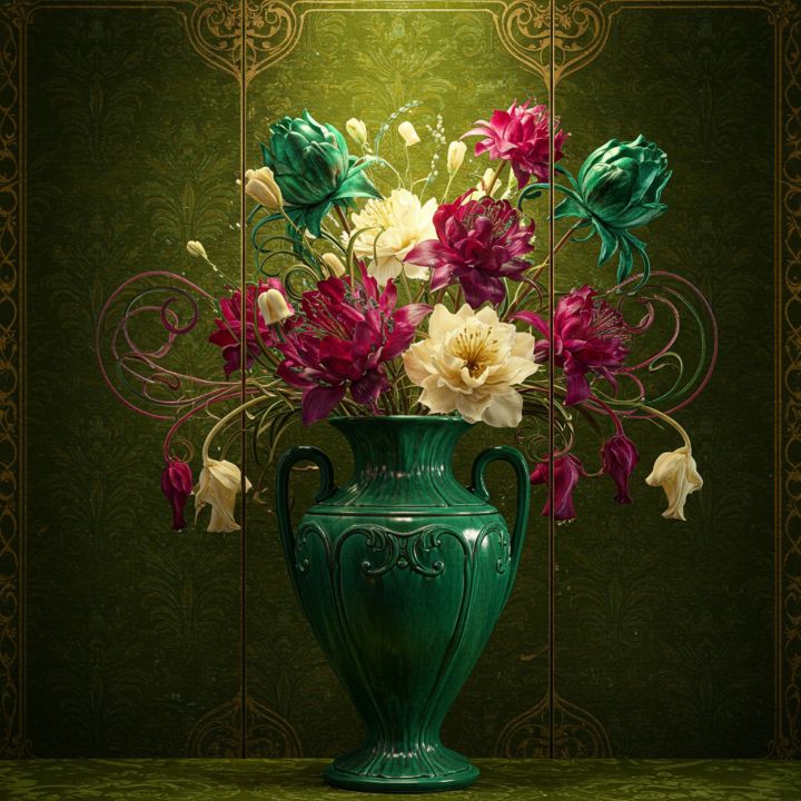 Eternal Garden: A Jade-Green Vase - Lanndscape and Flowers, digital art ...