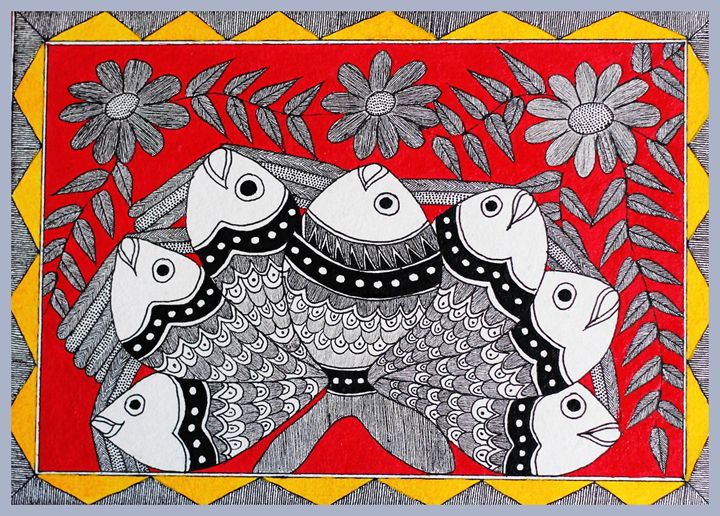 FISH FOR GOOD LUCK - MADHUBANI PAINTINGS - Paintings & Prints, Religion ...