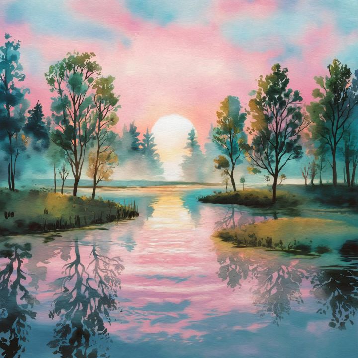 Tranquil Sunrise by the Lake - live nature - Digital Art