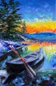 Boat Sunset River Painting Impasto