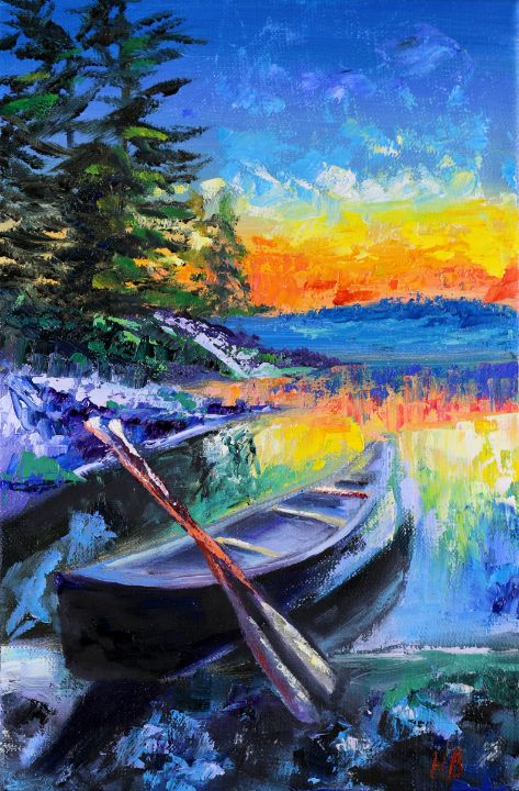 Abstract Colorful Painting on Canvas Original Boat Wall Art Impasto Oi