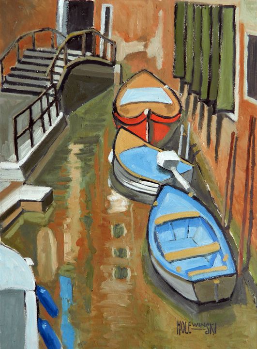 Boats In A Venetian Canal - Holewinski