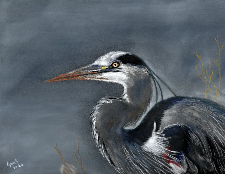 Original art, offers soft pastel painting of a great blue heron.