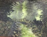 Oil painting of a forest with sunkig