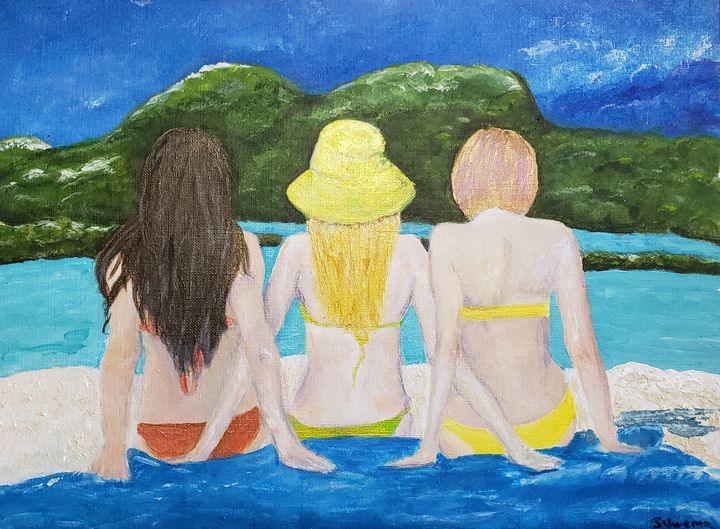 3 Woman in Bikinis on the Beach - Brenda L Schwartz Art
