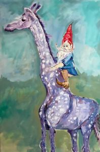 Gnome rides giraffe