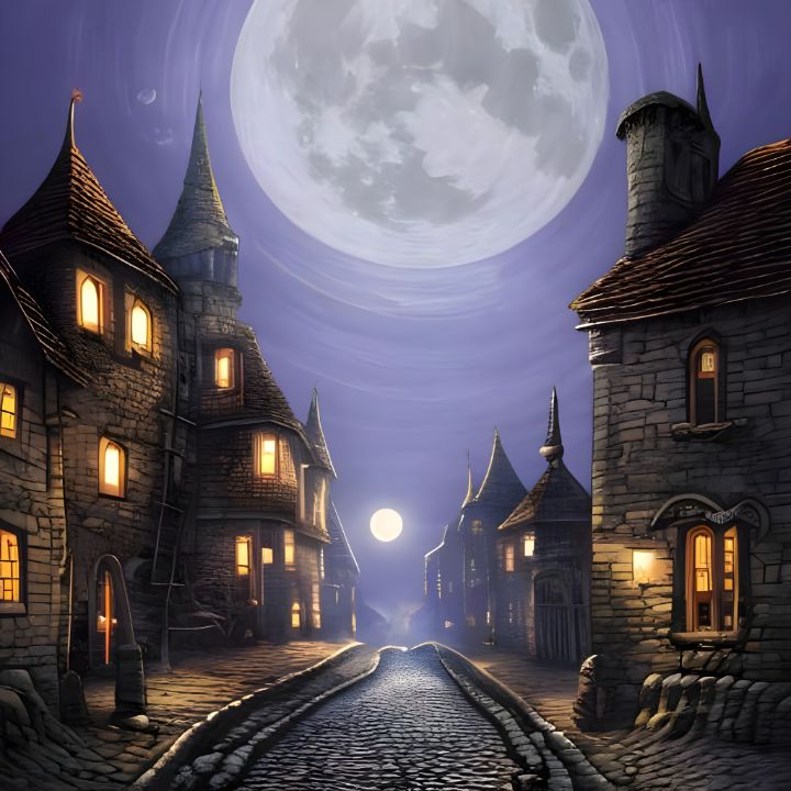 Full moon over the village street - Amazing Art