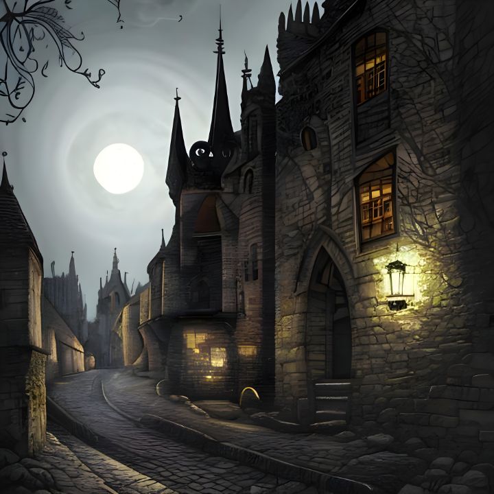 Gothic Victorian Village at night - Amazing Art