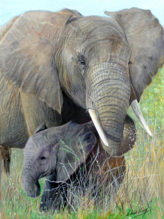 Mother with Baby Elephant. - Michael Moore - Paintings & Prints, Animals,  Birds, & Fish, Elephants - ArtPal