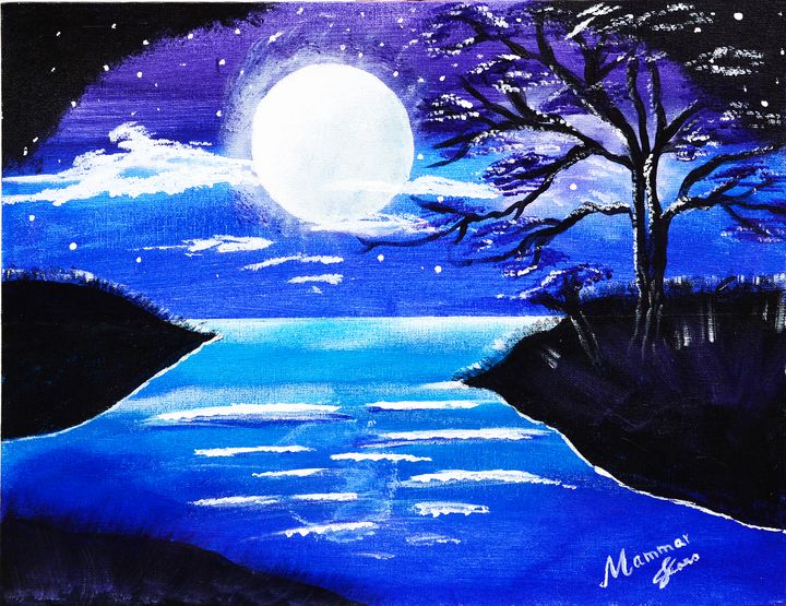 moon over lake - MAMMAR - Paintings & Prints, Landscapes & Nature ...