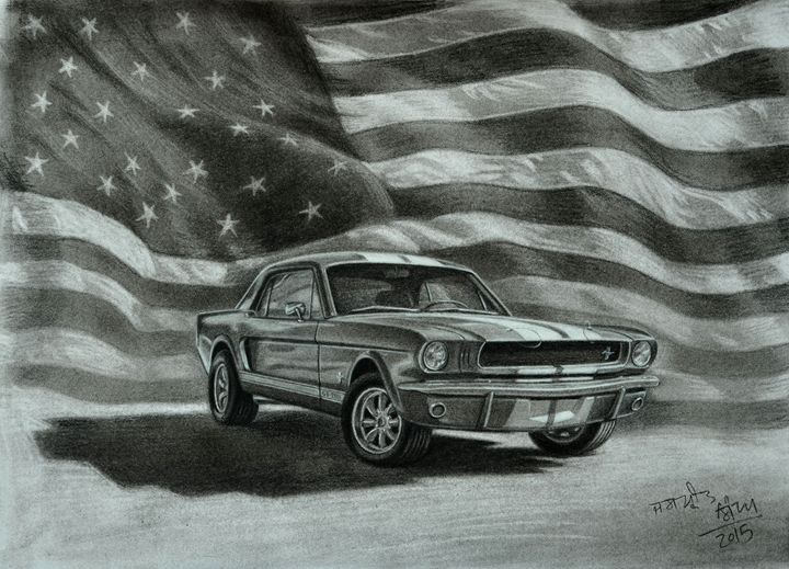 Mustang with American Flag - Jaspreet Singh Art