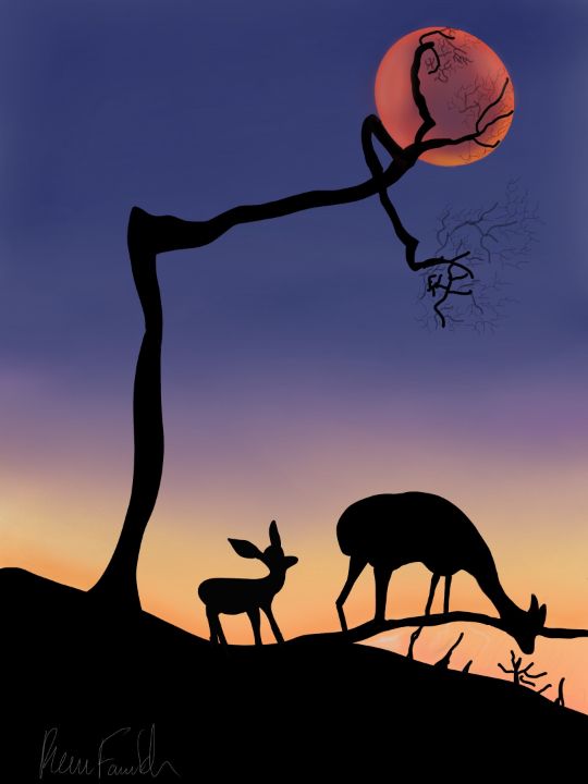 Deer at Sunset - The Art City - Digital Art, Animals, Birds