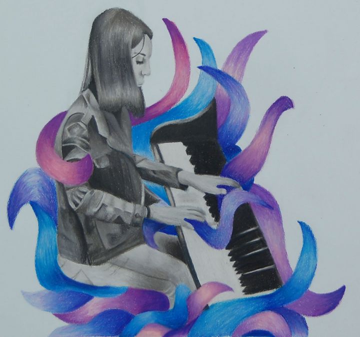 girl playing piano drawing